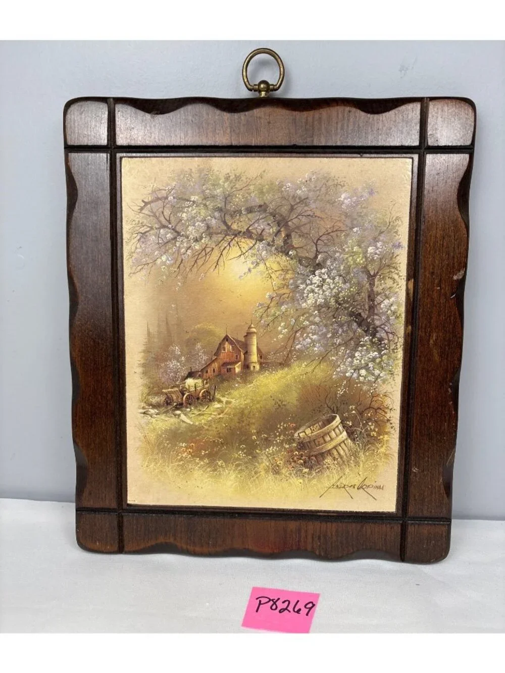 Rustic Wooden Wall Art Scenic Farmhouse Painting Gold-Tone 14x11